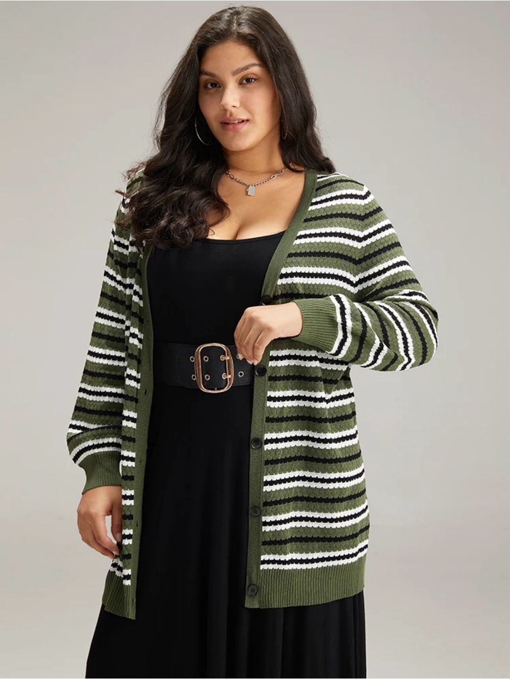 NWT Bloomchic Striped Olive Green Button-Up Cardigan Sweater size 12 💚🖤💚